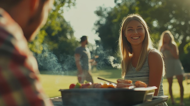 Photo a cheerful woman enjoys a barbecue gathering with friends in a sunny park during late afternoon