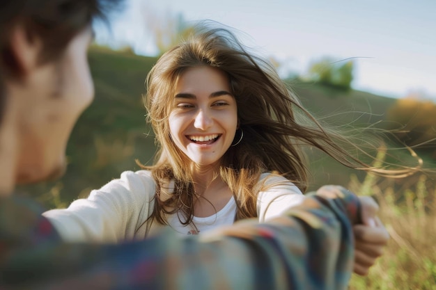 Photo cheerful woman having fun with her boyfriend in nature