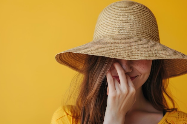 Cheerful woman hiding face behind hat