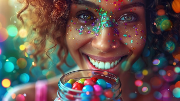 A cheerful woman holding a jar of colorful candies her face adorned with a bright and infectious smile