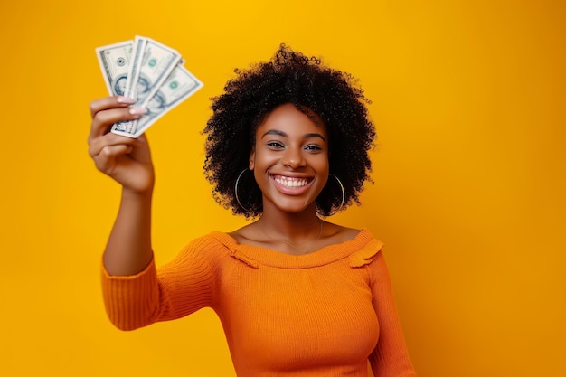 A cheerful woman holding several dollar bills against a vibrant yellow background