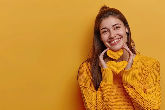 Cheerful woman making heart gesture and looking at camera