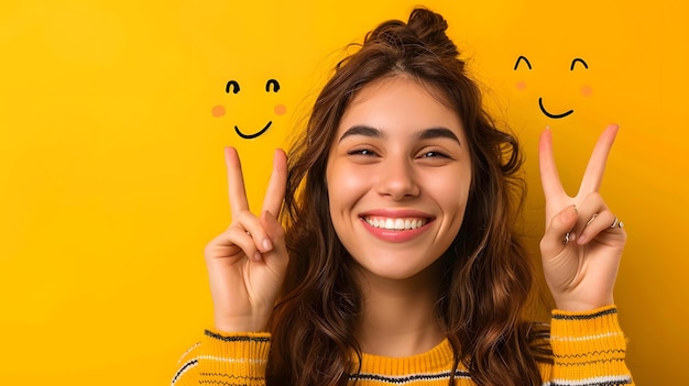 Cheerful woman showing peace signs with both hands in front of yellow background with smiley faces