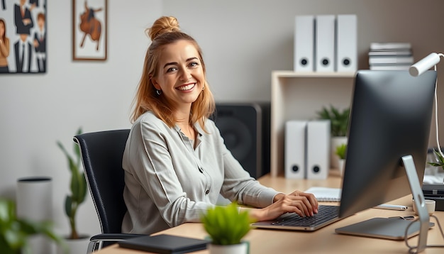 Cheerful woman sitting at home office desk isolated with white highlights