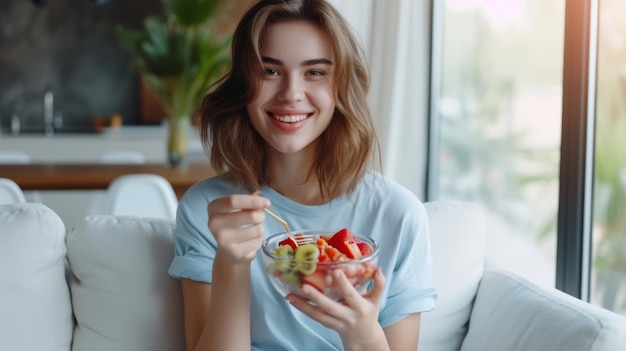 Photo a cheerful woman sitting on a sofa eating a fresh and colorful salad from a bowl looking happy and healthy