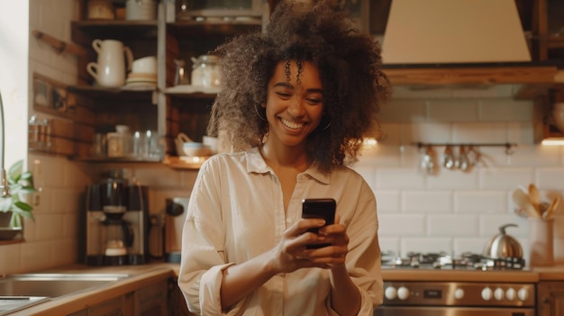 Cheerful woman using smartphone in kitchen