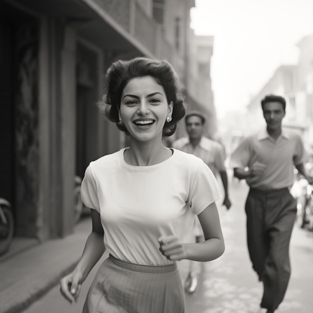 Cheerful Woman Walking on City Street with a Happy Smile