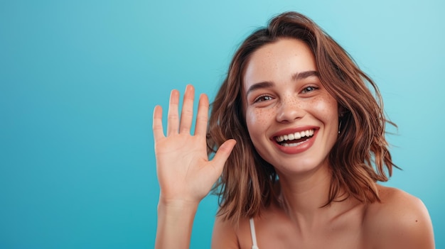 Photo cheerful woman waving hello