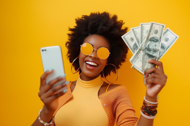 A cheerful woman wearing sunglasses holding US dollar bills in one hand and a smartphone in the othe