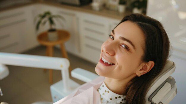 Photo cheerful woman with a bright smile sits comfortably in a dental chair exuding positivity