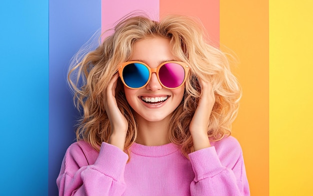 Cheerful Woman with Colorful Sunglasses Against Stripes