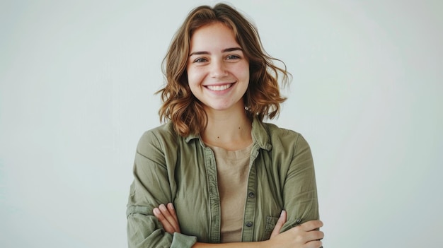 Photo a cheerful woman with red hair tied in a bun laughing joyfully in a casual grey tshirt her freckles and bright expression conveying happiness