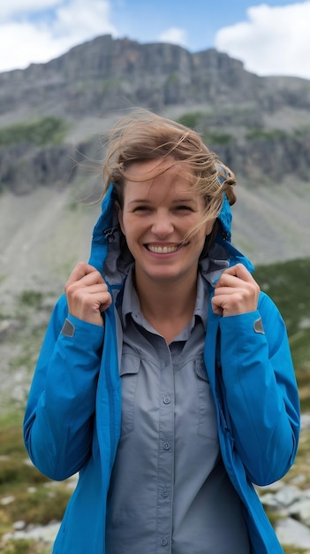 Cheerful woman with tousled hair holding hood of jacket on mountain