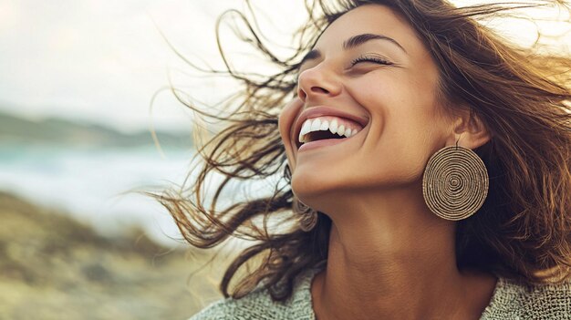 Photo cheerful woman with wavy hair wearing bohemian earrings smiling by the seaside in soft bre