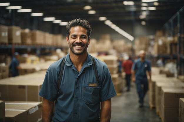 A cheerful worker in a warehouse surrounded by the clatter of machinery and the smell of industry