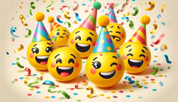 Photo cheerful yellow emoji characters in party hats with confetti