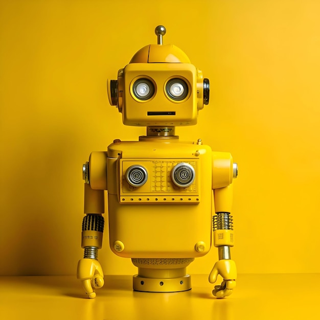 A cheerful yellow robot stands against a bright yellow background exuding a playful and futuristic charm