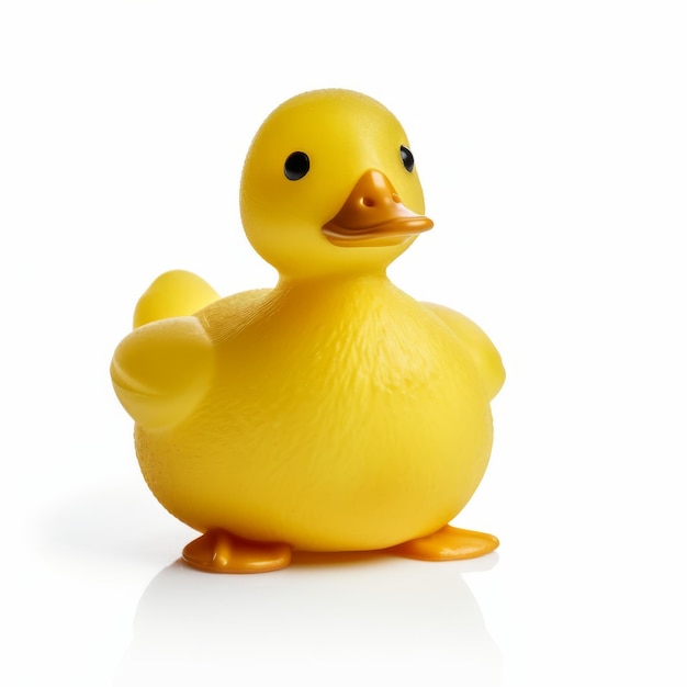 Cheerful yellow rubber duckling isolated on pure white background Generative AI