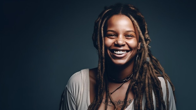 Cheerful young adult woman smiling with teeth exposed in a studio shot portrait