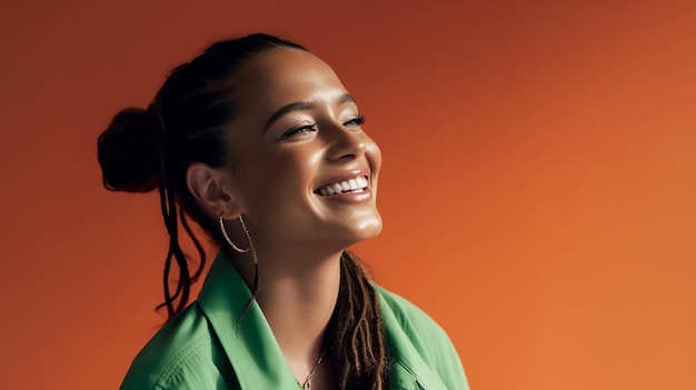 Cheerful young adult woman smiling with teeth exposed in a studio shot portrait