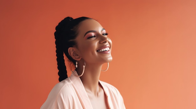 Cheerful young adult woman smiling with teeth exposed in a studio shot portrait