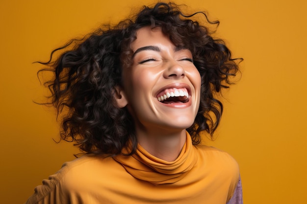 Cheerful young african womanFemale model laughing against colorful backgroundHappy optimistic