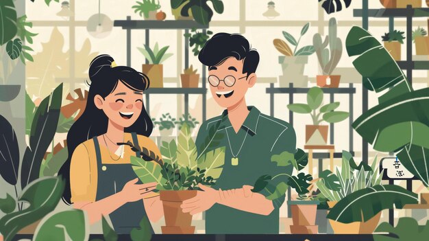 A cheerful young asian couple stands among various lush houseplants in a lightfilled plant shop