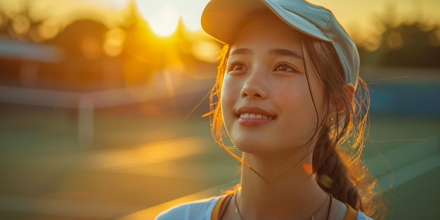 A cheerful young Asian girl is smiling as he enjoys playing tennis outdoors on a sunny day Her face is lit up with joy and enthusiasm showcasing a moment of pure happiness captured in the photograph