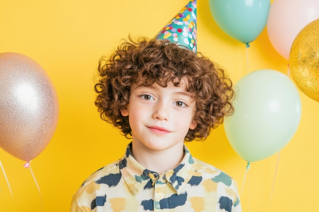 A cheerful young boy celebrates his birthday with colorful balloons and a festive party hat