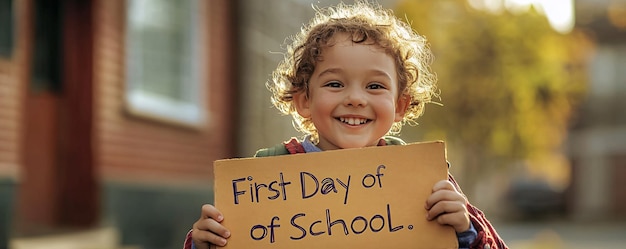 Photo cheerful young boy holding first day of school sign