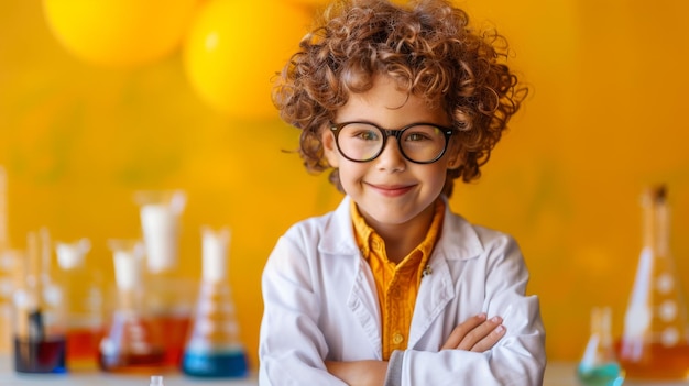 Photo cheerful young boy in a lab coat posing in front of colorful science equipment and yellow background