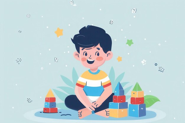 Photo cheerful young boy playing colorful building blocks soft blue background educational concept kids