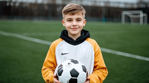 Photo a cheerful young boy stands on a football field wearing a white and yellow jersey he holds a soccer ball and looks confidently at the camera embodying the spirit of the game