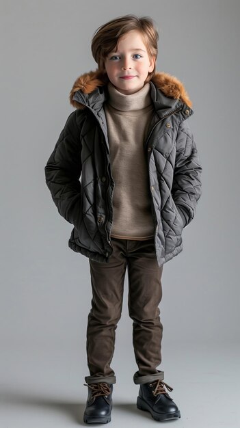 Photo cheerful young boy in warm winter coat standing outdoors