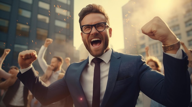 Cheerful young businessman celebrating success with arms raised in the air