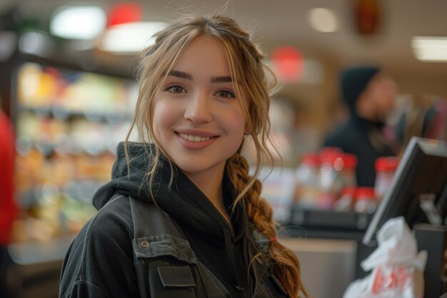 A cheerful young cashier with a friendly smile stands in a vibrant grocery store her welcoming demeanor embodying the pleasant atmosphere of customer service