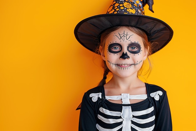 Cheerful young child in a skeleton costume with playful face painting celebrating Halloween against