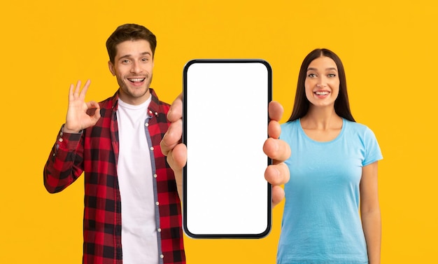 Cheerful Young Couple Holding Blank Smartphone In Hands And Showing Ok Gesture