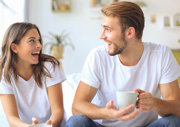 Cheerful young couple in the morning at home in the living room