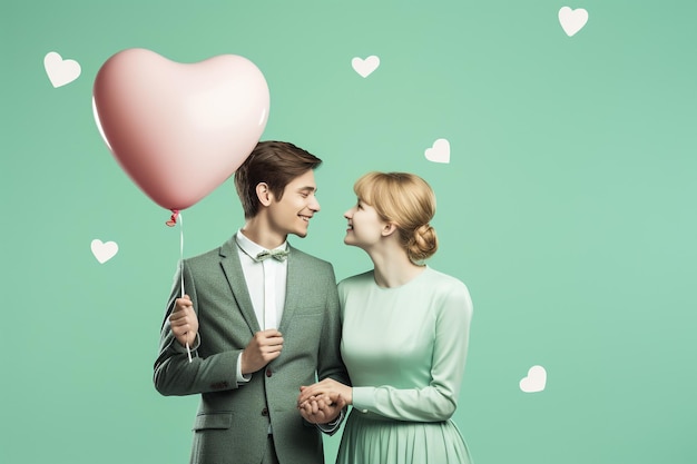 Cheerful young couple standing isolated over pink background holding bunch of air balloons celebrating