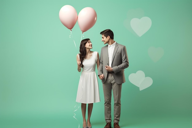 Cheerful young couple standing isolated over pink background holding bunch of air balloons celebrating