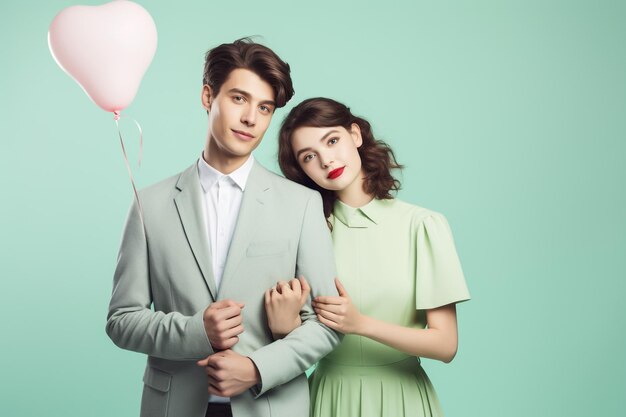 Cheerful young couple standing isolated over pink background holding bunch of air balloons celebrating