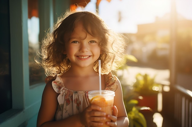 The cheerful young girl enjoys sipping her organic smoothie Generative Ai