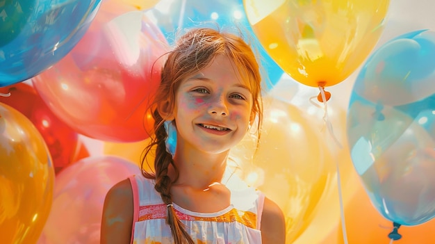 Cheerful young girl holding vibrant colorful balloons in summer