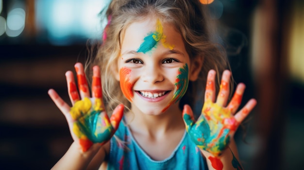 A cheerful young girl with a bright smile has her face and hands playfully covered in vibrant paint