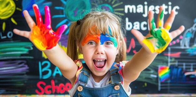 Cheerful Young Girl with Colorful Paint on Hands Celebrating Back to School Vibrant Chalkboard Art Background