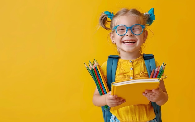 Cheerful young girl with glasses and colored pencils and notebook against yellow background