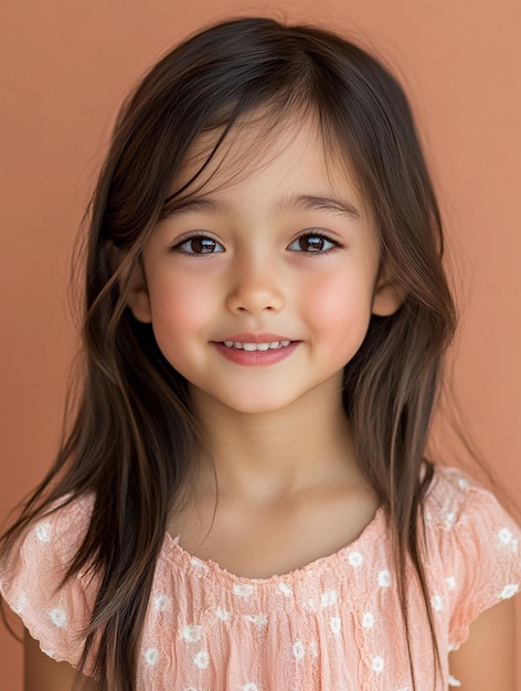 Cheerful Young Girl with Long Hair Smiling Against Warm Background