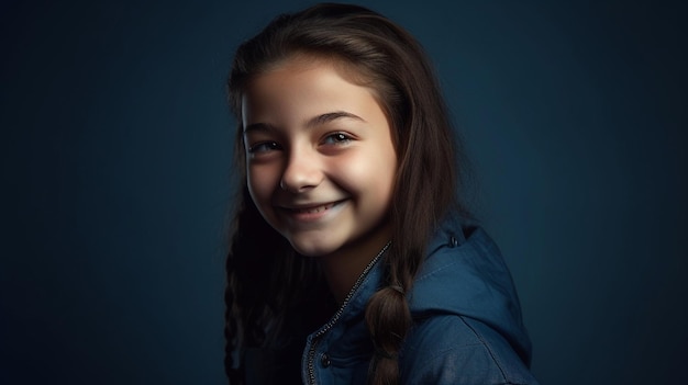 A cheerful young girl with long hair in a sweater smiles brightly looking directly into the camera