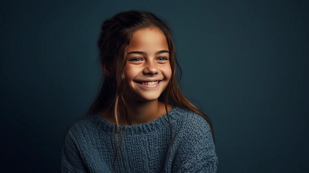 A cheerful young girl with long hair in a sweater smiles brightly looking directly into the camera